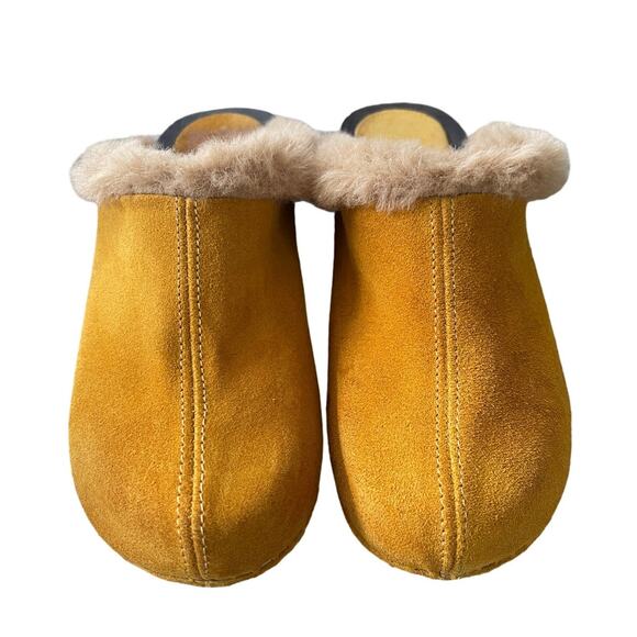 Anthropologie x Charles David 7 Shearling Clogs Suede Fur Slip On Shoes Yellow - Picture 5 of 9